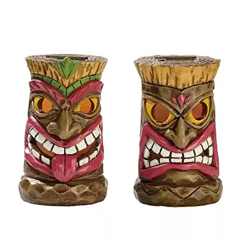 TERESA'S COLLECTIONS Tiki Head Garden Decor with Solar Outdoor Light, Set of 2 Tropical Hawaiian Tiki Torch Resin Garden Sculptures & Statues Patio Pool Yard Summer Decor for Dad 6"