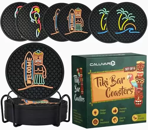 Tiki Bar Coasters Set of 6 with Holder, Tiki Bar Decor Silicone Coasters with Tiki Warrior, Wave & Palm Tree and Parrot Designs, Tiki Decor Black Coasters, Outdoor Tiki Bar Rubber Coasters for Dri...