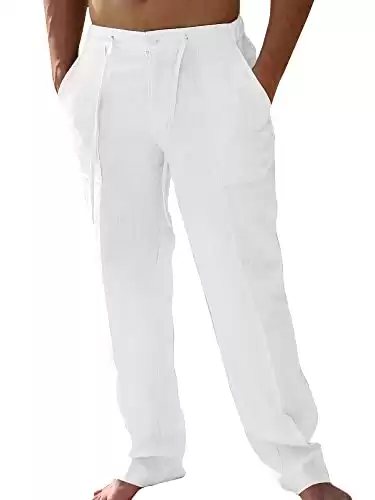 PASLTER Mens Casual Linen Pants Loose Fit Straight-Legs Elastic Drawstring Waist Summer Beach Yoga Long Pants (available in different sizes/colors)