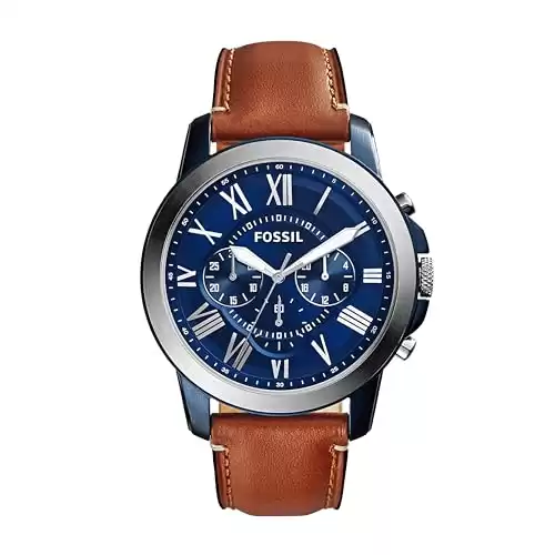 Fossil Men s Grant Quartz Stainless Steel and Leather Chronograph Watch, Color: Silver/Blue, Luggage (Model: FS5151)