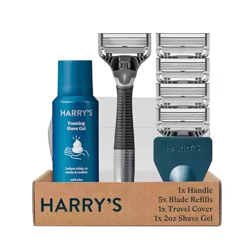 Harry's Razors for Men, 1 Handle (Charcoal) and 4 Razor Blade Refills with German Engineered 5-Blade Technology, 2 oz. Foaming Shave Gel, Travel Blade Cover- Holiday Gift for Men