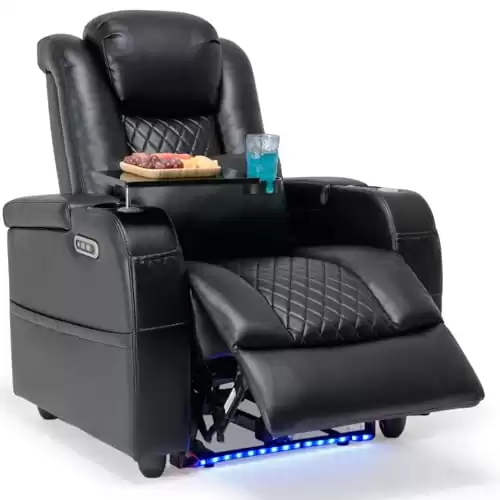 Airadlis Home Theater Seating Seats, Game Movie Theater Chairs Theater Recliner Sofa with 7 Colors Ambient Lighting, Lumbar Pillow, Side Pocket, Tray Table, Power Recline, Black