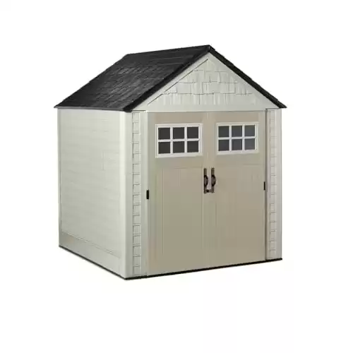 Rubbermaid 7 Foot by 7 Foot Weatherproof Outdoor Storage Shed for Garden Tools and Lawn Machinery Organization with Lockable Double Door, Sandstone