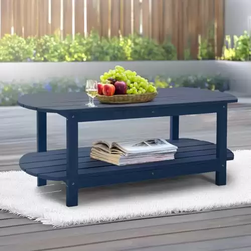 HDPE Patio Coffee Table, Outdoor Coffee Table with 2-Tier Storage, Weather-Resistant Outdoor Coffee Tables for Patio, Rectangular Garden Table for Deck, Backyard, Patio Furniture, Midnight Blue