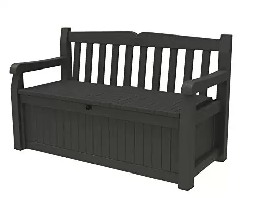 Keter Solana 70 Gallon Storage Bench Deck Box for Patio Furniture, Front Porch Decor and Outdoor Seating Perfect to Store Garden Tools and Pool Toys, Brown/Brown