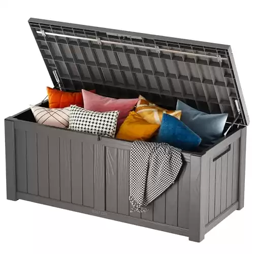 EAST OAK Outdoor Storage Box, 120 Gallon Deck Box with Stainless Steel Rods Large Resin Storage Bin for Patio Cushions, Garden Tools, Waterproof and UV Resistant, Lockable, Grey