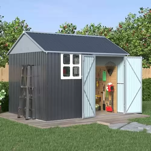 VanAcc 10x8x8 FT Outdoor Storage Shed Nordic Cottage Shed Double Hinged Lockable Doors 4 Vents Metal Shed for Patio Lawn Backyard Garden Dark Grey/White