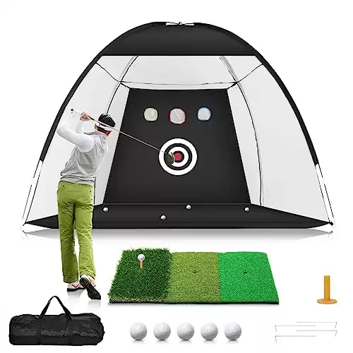 Golf Net, 10x7ft Golf Practice Net with Tri-Turf Golf Mat, All in 1 Home Golf Hitting Aid Nets for Backyard Driving Chipping Swing Training with Target/Mat/Balls/Tee/Bag - Gift for Men/Golf Lovers