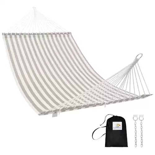 Patio Watcher 13 FT Double Quick Dry Hammock Folding Concealed Steel Spreader Bar Portable Two Person Hammock for Camping Outdoor Patio Yard Beach 450 lbs Capacity Beige White