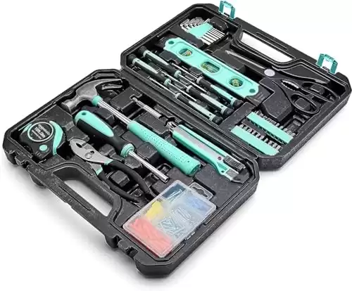 Amazon Basics Household Tool Kit With Storage Case, 142 Piece, Turquoise, 13.39 x 9.25 x 2.95 inch