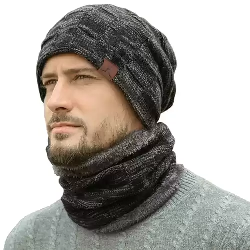 FZ FANTASTIC ZONE Mens Winter Beanie Hats Scarf Set Warm Knit Skull Cap Neck Warmer with Fleece Lined Winter (Available in different colors)