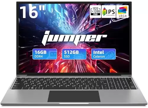 jumper 16 Inch Laptop, 16GB RAM 512GB SSD, 4-Core Celeron N5095, FHD IPS 1920x1200 Screen, Windows 11 Laptops Computer with 4 Stereo Speakers, USB3.0, WiFi-5, Webcam, HDMI.