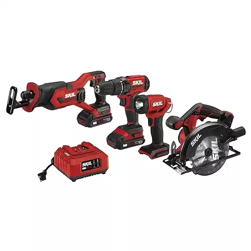 SKIL 20V 4-Tool Combo Kit: 20V Cordless Drill Driver Reciprocating Saw, Circular Saw and Spotlight, Includes Two 2.0Ah PWR CORE Lithium Batteries and One Charger - CB739701,Black, Red