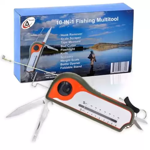 Fisherman Gift Tool Fishing Multitool - Hook Remover, Scale Scraper, Tape Measure, Bait Cutter, Flashlight, Knife, Scissors, Weight Scale, Bottle Opener, Gift Idea for Men Women Kids