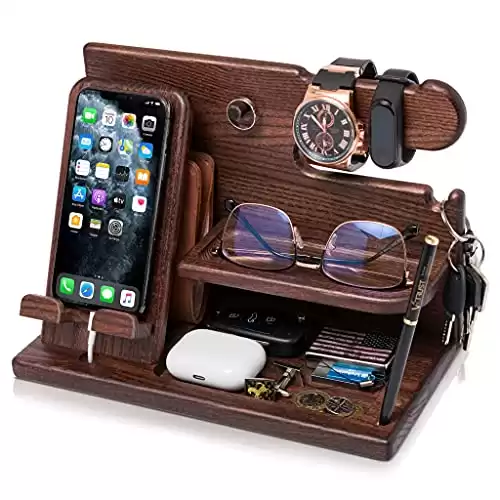 TESLYAR Wood Phone Docking Station Ash Key Holder Stand Watch Organizer Men Gift Husband Wife Anniversary Dad Birthday Nightstand Purse Father Graduation Male Travel Idea Gadgets (Brown)