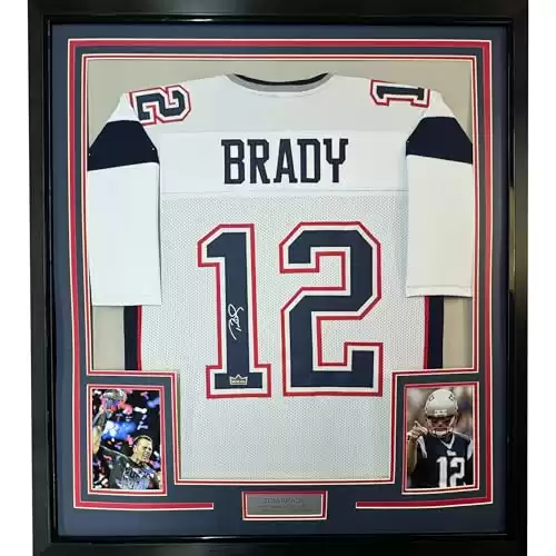 Framed Facsimile Autographed Tom Brady 35x39 New England White Reprint Laser Auto Football Jersey Size Men's XL