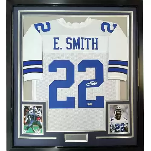 Framed Facsimile Autographed Emmitt Smith Dallas 35x39 White Reprint Laser Auto Football Jersey