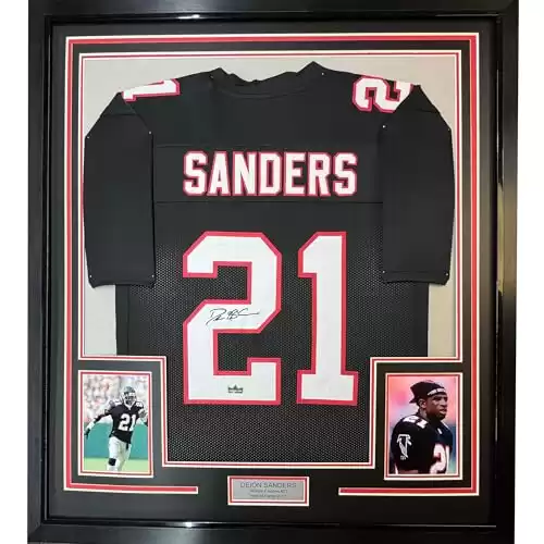 Framed Facsimile Autographed Deion Sanders 35x39 Atlanta Black Reprint Laser Auto Football Jersey