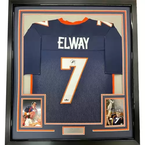 Framed Facsimile Autographed John Elway 35x39 Denver Blue Reprint Laser Auto Football Jersey